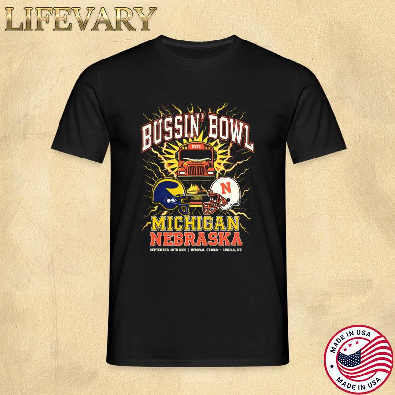The Bussin’ Bowl Helmet Tee brings Michigan vs. Nebraska head-to-head Tee